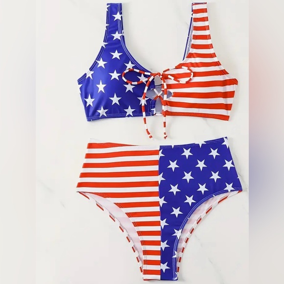 American Flag Stars Stripes Tie Front High Waisted Bikini Set - Picture 7 of 11